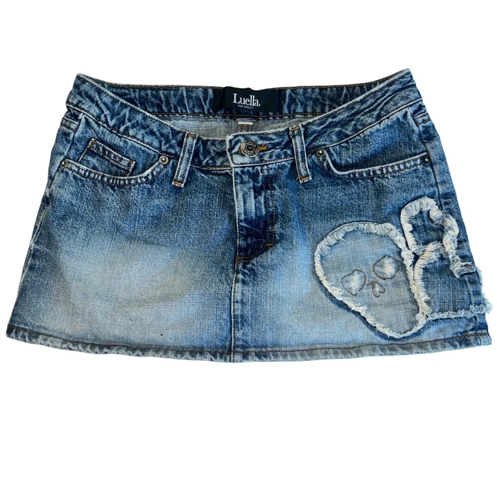 Luella for Target Denim Mini Skirt Blue Skull Heart Y2K Punk Indie Size 7